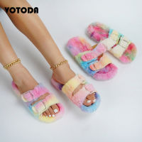 Autumn Winter Women Rainbow Furry Slippers Fluffy Faux Fur Slides Tie-Dye Fur Sandal Flip Flop Ladies Warm Non-Slip Cotton Shoes