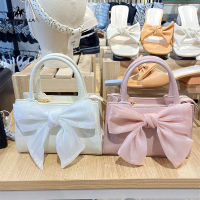 T&amp;KE  กระเป๋าถือ David &amp; Bella Women Handle Bag Bow กระเป๋าสะพายไหล่ข้างเดียวลาย Slub กระเป๋านางฟ้าประดับมุกสีชมพู