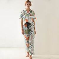 Satin Pajamas with Leaf Printed Cool Summer Short-Sleeved Long Pants Pajamas Lace-up Cardigan Sleep Tops V-neck Women Pajamas