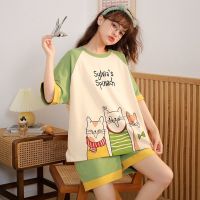 Summer New Short Sleeve Cartoon Cat Print Women Pajamas Set Shorts Round Neck Sleepwear Suit Female Sweet Loose Home Clothes