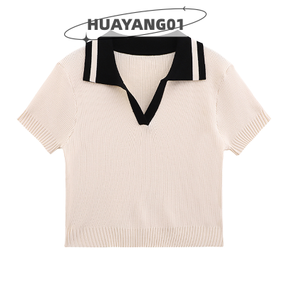 HUAYANG01 [2023แฟชั่นสุดฮอตใหม่] เสื้อครอปเสื้อยืดถักปกแขนสั้นสีตัดกันผู้หญิงสไตล์เพรพพี้ฤดูร้อน