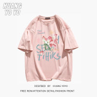 HUANGYOYO เสื้อยืดแขนสั้นสำหรับผู้หญิงพิมพ์ลายคอกลมหวานหลวม