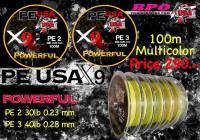 สาย PE USA POWERFUL X9 สีมัลติคัลเลอร์ ขนาด 100 เมตร มี PE2 และ PE3 สายพีอียูเอสเ เหนียว ไม่อมน้ำ รับแรงกระชากได้ดี