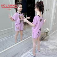 SOLANNA ชุดเช็ตเด็กผญ เสื้อยืดแขนสั้นเด็กหญิง ลายการ์ตูนแมวน่ารัก ชุดเซ็ตสองชิ้นแนวสปอร์ตแฟชั่น23824