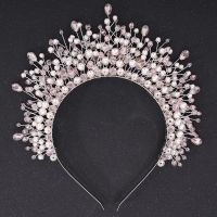 【YF】 Pink Crystal Bridal Hair Piece Women Handmade Wedding Headband Crown Fashion Party Accessories Diamonds Bridesmaid Tiaras