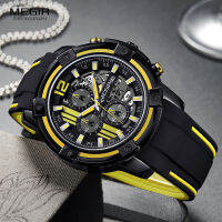 Megir Mens Black Silicone Strap Quartz Watches Chronograph Sports Wristwatch for Man 3atm Waterproof Luminous Hands 2097 Yellow