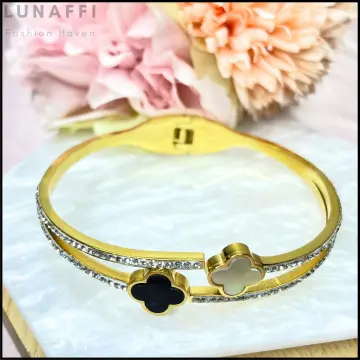 Shell Gem Stainless Steel Four Leaf Clover Bracelet - 18k Gold Plated