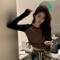 №✖ American retro color-blocked drawstring long-sleeved T-shirt for hot girls jazz dance short bottoming slimming dance clothes