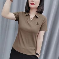 5XL เสื้อสตรีแขนสั้นผู้หญิงหลวม Wanita Baju เสื้อโปโล Blus คอวีเสื้อไนลอนฤดูร้อน #297