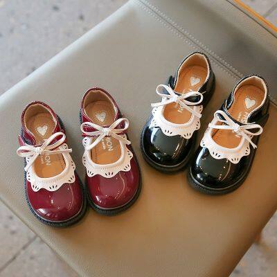 Girls Princess Shoes Wine Red Black Ruffles Elegant Patent Leather Bowknot Children Flat Shoes 21-35 Toddler Kids Single Shoe