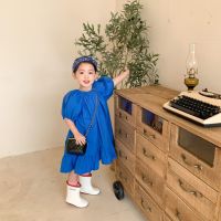 Ready Korean Summer Baby Girls Rayol Blue Puffy Sleeve Big Skirt Dress Sweet Fashion Baby Girls Princess Dress