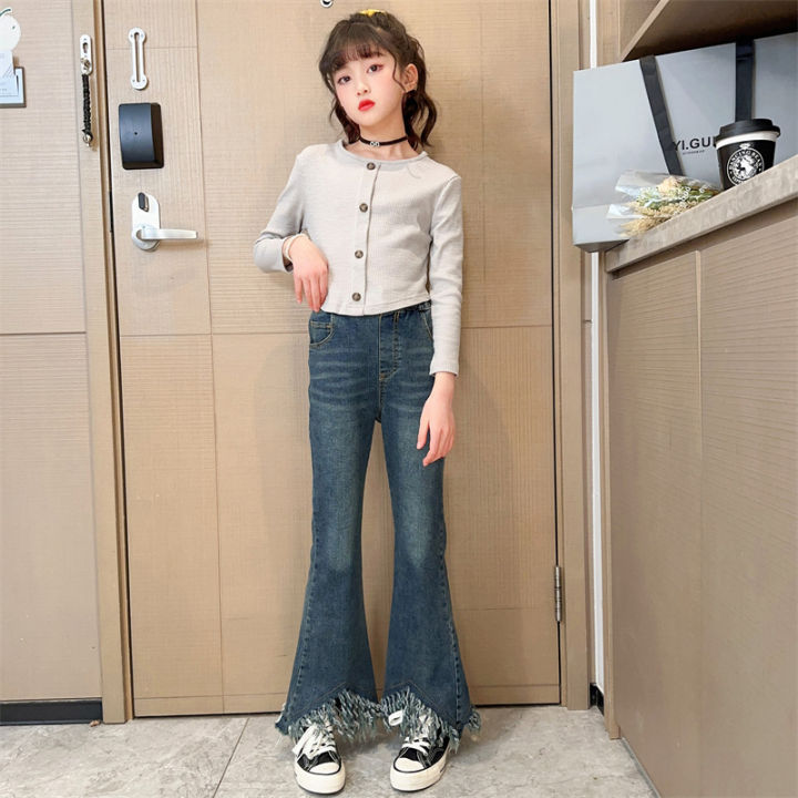 amila-กางเกงยีนส์เด็กหญิงกางเกงแฟชั่นพู่กางเกงขาบาน