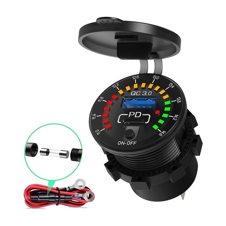18w-type-c-pd-socket-fast-charger-with-waterproof-led-voltmeter-switching-power-switch-for-car-boat-truck