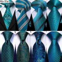 ◎ Teal Green Striped Luxury Designer Silk Wedding Tie For Men Handky Cufflink Mens Necktie Fashion Business Party Dropship Hi-Tie