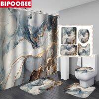 Marbling 3D พิมพ์ผ้าม่านอาบน้ำ Marble En Veins Bath Mats ชุดแท่นพรมห้องน้ำฝาปิดห้องน้ำผ้าม่าน Hooks