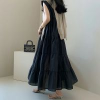 [Free ship] 2023 summer new chiffon stitching pullover solid long sleeveless a-shaped commuter round neck dress