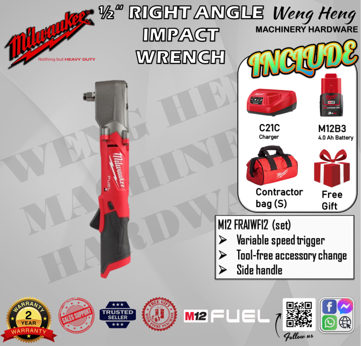 100 Genuine Milwaukee M12 FUEL 1/2'' Right Angle Impact Wrench Model M12 FRAIWF12 Lazada