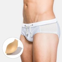 Sexy Men Briefs Pad Push Up Mesh Patchwork Breathable Underwear Bikini Swimwear Lacing Elastic Waist Underpants Swimsuits White