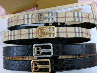 BURBERRYY เข็มขัดหนังคลาสสิก Checkered Knight Embossed Metal Letter หัวเข็มขัดเรียบสองด้าน Casual Men S Belt