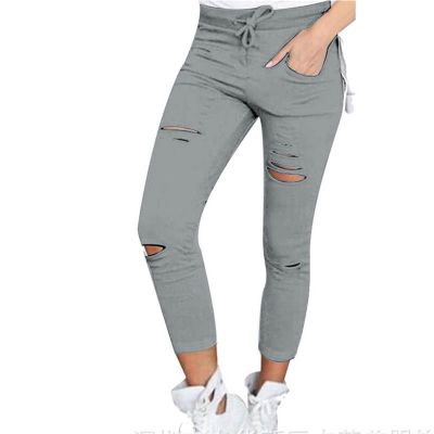 Plus Size Women Denim Skinny Cut High Waist Holes Style Stretch Jeans