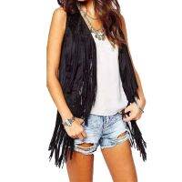 ℗ Faux Suede Ethnic Sleeveless Jacket Fringe Tassels 70s Hippie Front Cardigan Cowgirl Waistcoat