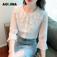 AOLINA เสื้อสีขาวปักสามมิติสำหรับผู้หญิงคอตุ๊กตาแขนสามส่วนสไตล์ฝรั่งเศสเสื้อชีฟองฤดูร้อน2023