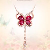 New Temperament Dove Blood Red Imitation  Tourmaline Butterfly Gem Long Pendant Female