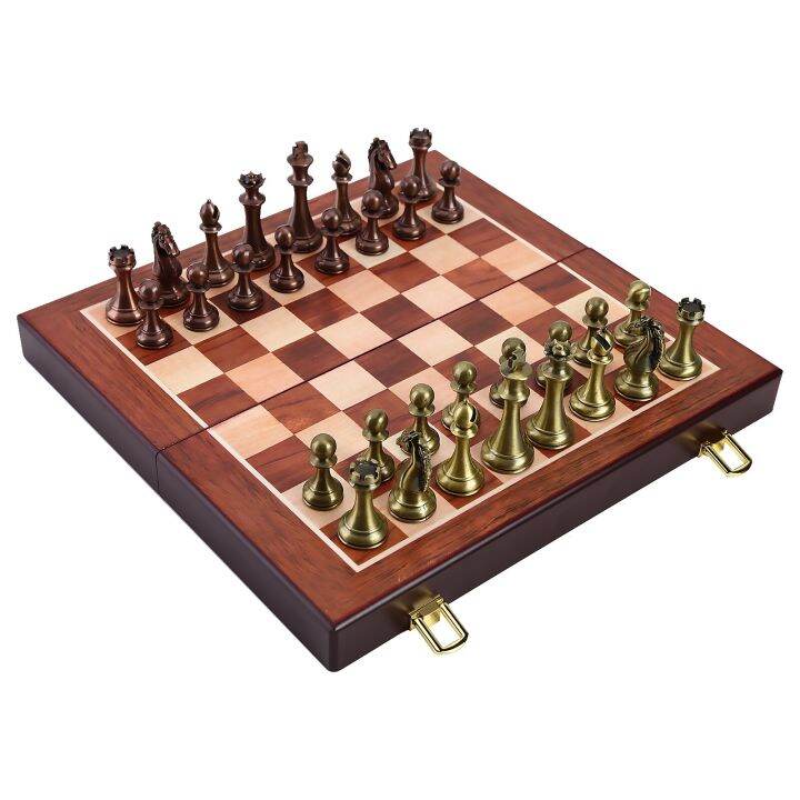 Folding Wooden Chess Board Classic Metal Pieces Kit Standard Board Game ...