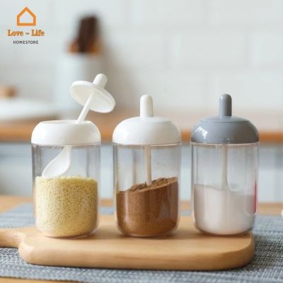 Kitchen Moisture Proof Sauce Condiment Jar with Spoon/ Salt Storage Container Seal Box/ BBQ Spice Seasoning Bottle Dispenser
