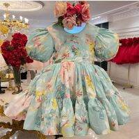 0-12Y เด็กสาวฤดูร้อน Rose ดอกไม้สีฟ้าตุรกี Vintage Lolita Princess Ball Gown ชุดสำหรับวันเกิดวันหยุด Casual Eid...