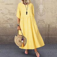 ▤ ZANZEA Women Plaid O Neck Loose Plus Size Loose Maxi Dress