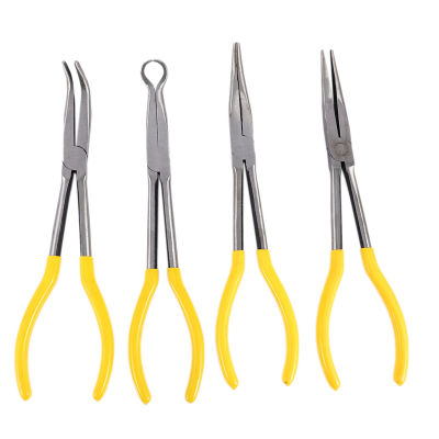4Pcs 11 Inch Extra Long Nose Pliers Set Straight Bent Tip Mechanic Equipment Hand Tools