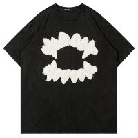 【New】ฤดูร้อนชายล้าง Oversize Hip Hop เย็บปักถักร้อยฟัน Patch Punk Gothic เสื้อยืด2023 Streetwear Harajuku Cotton Tops Tees