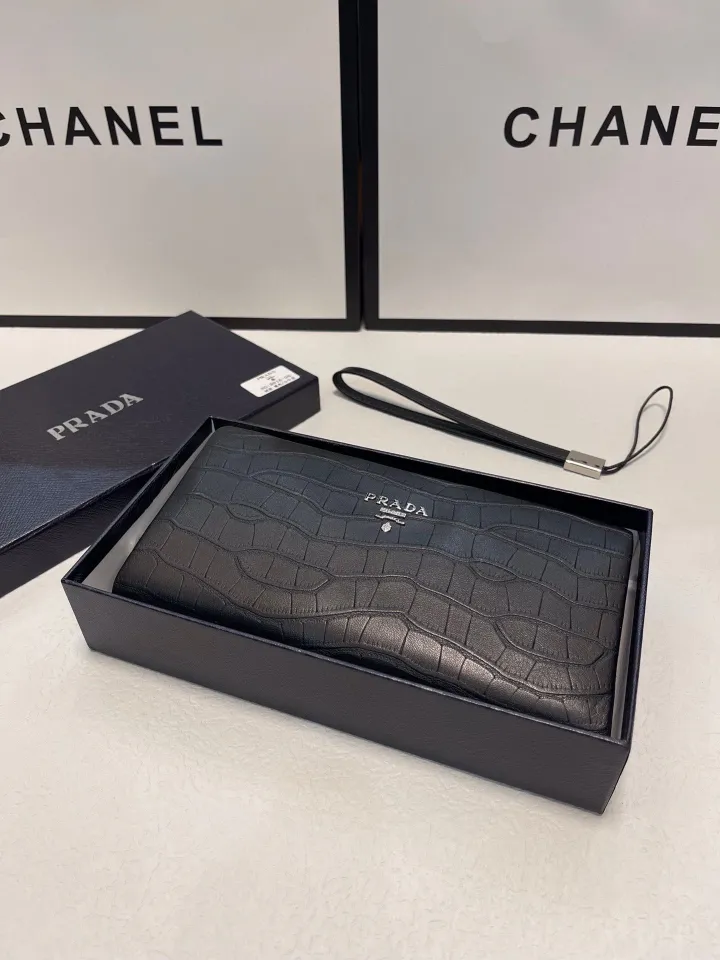 with Gift Box] Original Pradaˉ Men Clutch Bag Genuine Leather Luxury Wallet  Zipper Handbags Large Capacity Multifunctional Men Bag