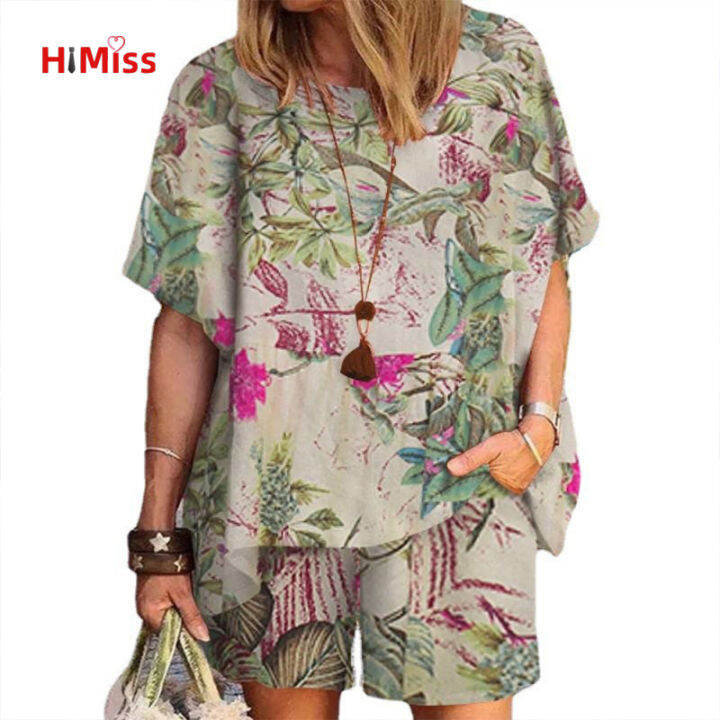 2-pcs-women-outfits-cotton-linen-retro-printing-short-sleeve-blouse-side-pockets-shorts-plus-size-loose-cropped-pants-set