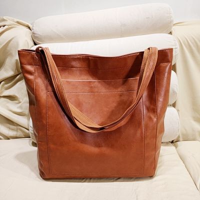 Oversized Womens Tote Soft Pu Leather Handbag 2022 Solid Color Shoulder Vintage Hand Bag Large Capacity Brown Shopper New