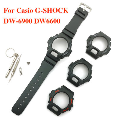 เรซิน DW6900ฝา + สายรัดสำหรับ Casio DW-6900กรอบสีดำนาฬิกาอุปกรณ์เสริมด้วยเครื่องมือสกรู Refit ยางซิลิโคนนาฬิกาวงกรณีชุดสำหรับ G-SHOCK DW6600ผู้ชายผู้หญิงนุ่มกันน้ำกีฬาสร้อยข้อมือ