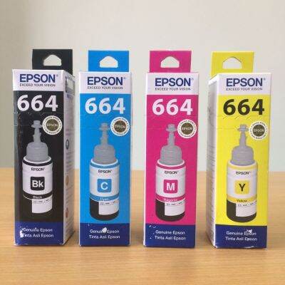 Epson หมึกเติมของแท้เอปสัน Epson T664 BK(T6641) C(T6642) M(T6643) Y(T6644) สำหรับ Epson  L100, L110, L120, L200, L210,l220, L300, L350, L355,L360,L365, L455, L550, L555,L565, L1300