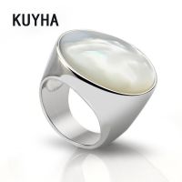 Vintage Simple Big Round Ring Stainless Steel Jewelry Delicate White Pearl Opal Stone Wedding Engagement Rings For Women