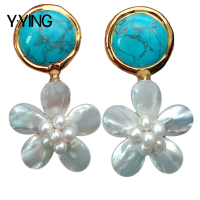 Y·YING Handmade Blue howlite White Shell Flower Stud Earrings