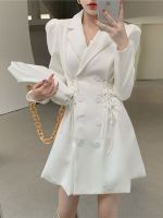 Harajuku Suit Dress OL Work Wear Solid White Double Breasted Notched Collar Blazers Female Slim Waist Cross Bandage Suit Dress