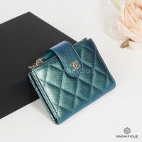 NEW CHANEL CARD HOLDER BI-FOLD SHORT BLUE METALLIC CAVIAR GHW