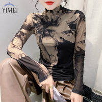 YIMEI รองเท้าผู้หญิงตาข่ายคอเสื้อแขนยาวสูงใหม่2023ฤดูใบไม้ร่วงเสื้อ Batik ตำแหน่งเสื้อยืดพิมพ์ลาย