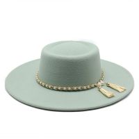 Summer Simple Solid Color Wool Felt Jazz Fedora Hats With Chain Men Women Wide Brim Panama Trilby Cap Autumn Winter