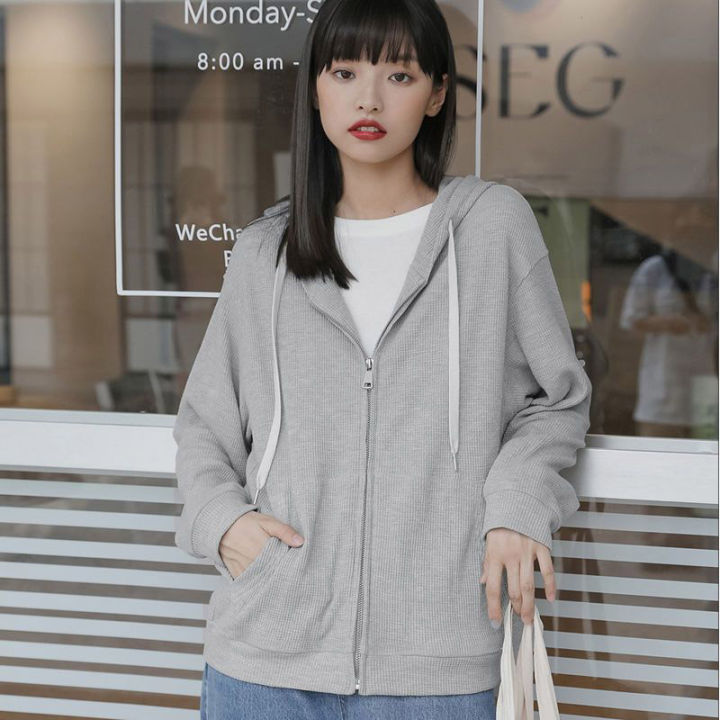 xiang-nian-ni-เสื้อสเวตเตอร์วาฟเฟิลสำหรับผู้หญิง-เสื้อสเวตเตอร์วาฟเฟิลสำหรับนักเรียนหญิงเสื้อนักเรียนแขนยาวบางดีไซน์เสื้อโค้ตมีฮูด