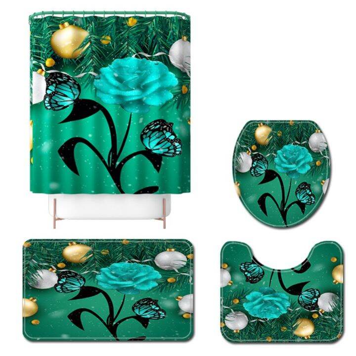 4pcsset-christmas-flower-toilet-rug-shower-curtain-bath-mat-pedestal-rug-lid-toilet-cover-combination-floor-mat