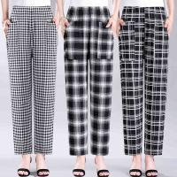 Plus Size Womens High Waist Plaid Ankle Pants Elastic Waist Casual Slim Female Trousers