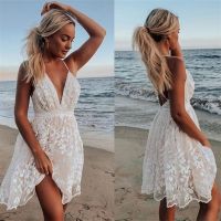 COD DSTGRTYTRUYUY New Ladies Lace Long Skirt V-Neck Halter Dress Beachwear White Sling Dress Elegant Sexy Sleeveless Short Skirt