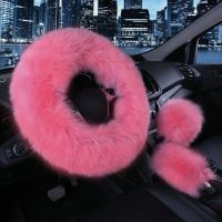 3PCS Fur Steering Wheel Cover Set Real Sheepskin Auto Plush Warm Fluffy Fuzzy Car Accessories for Women Girl Steering Wheels Accessories