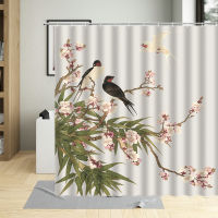 Chinese Style Flower Bird Shower Curtain Plant  Painting Leaf Branch Head Scenery Bathroom With Hook Waterproof Washable Fabric